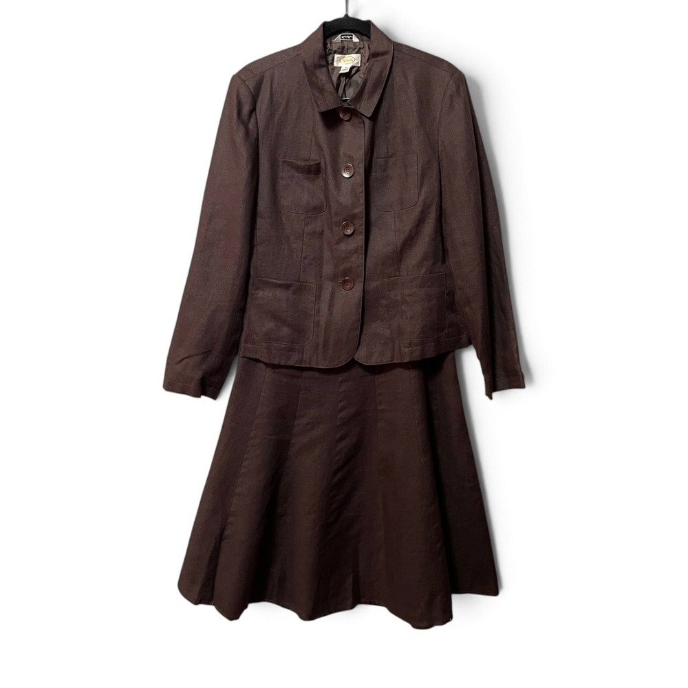 Talbots Brown Irish Linen 2 Piece Skirt Suit Blazer 12 Preppy
